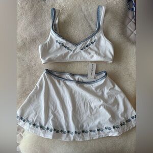 PacSun White Bralette and Skirt Set with Blue Floral Trim NWT